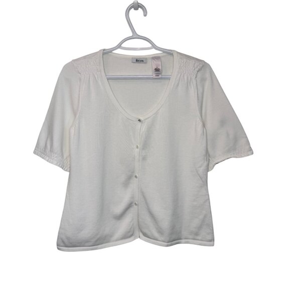 Liz & Co. white ruched shoulders short sleeves button front cardigan size M - Picture 2 of 6